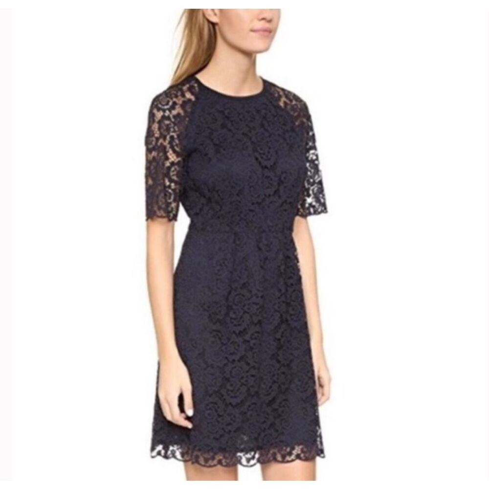 Madewell Magnolia Lace Empire Waist Dress Navy Blue Short Sleeve Size 0 Silk